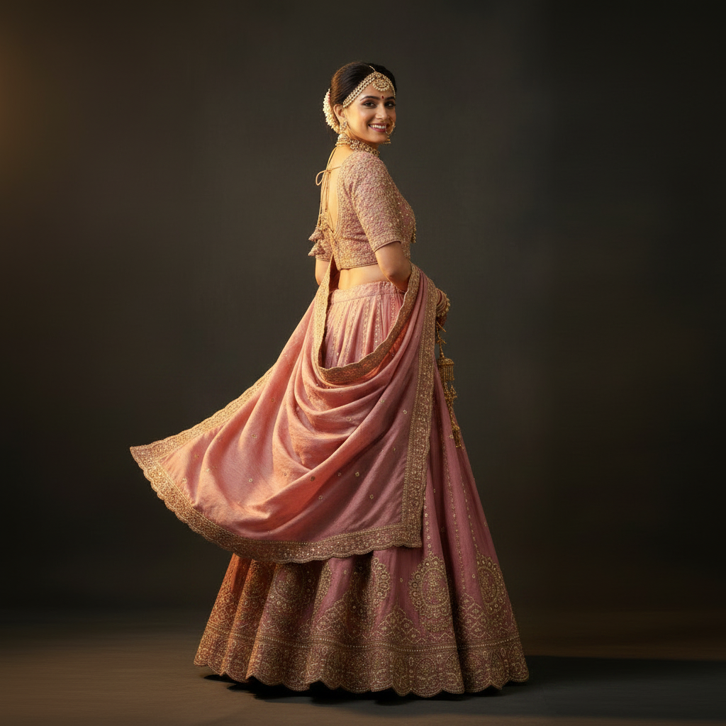 Back view - Dusty Rose Pink Bridal Lehenga