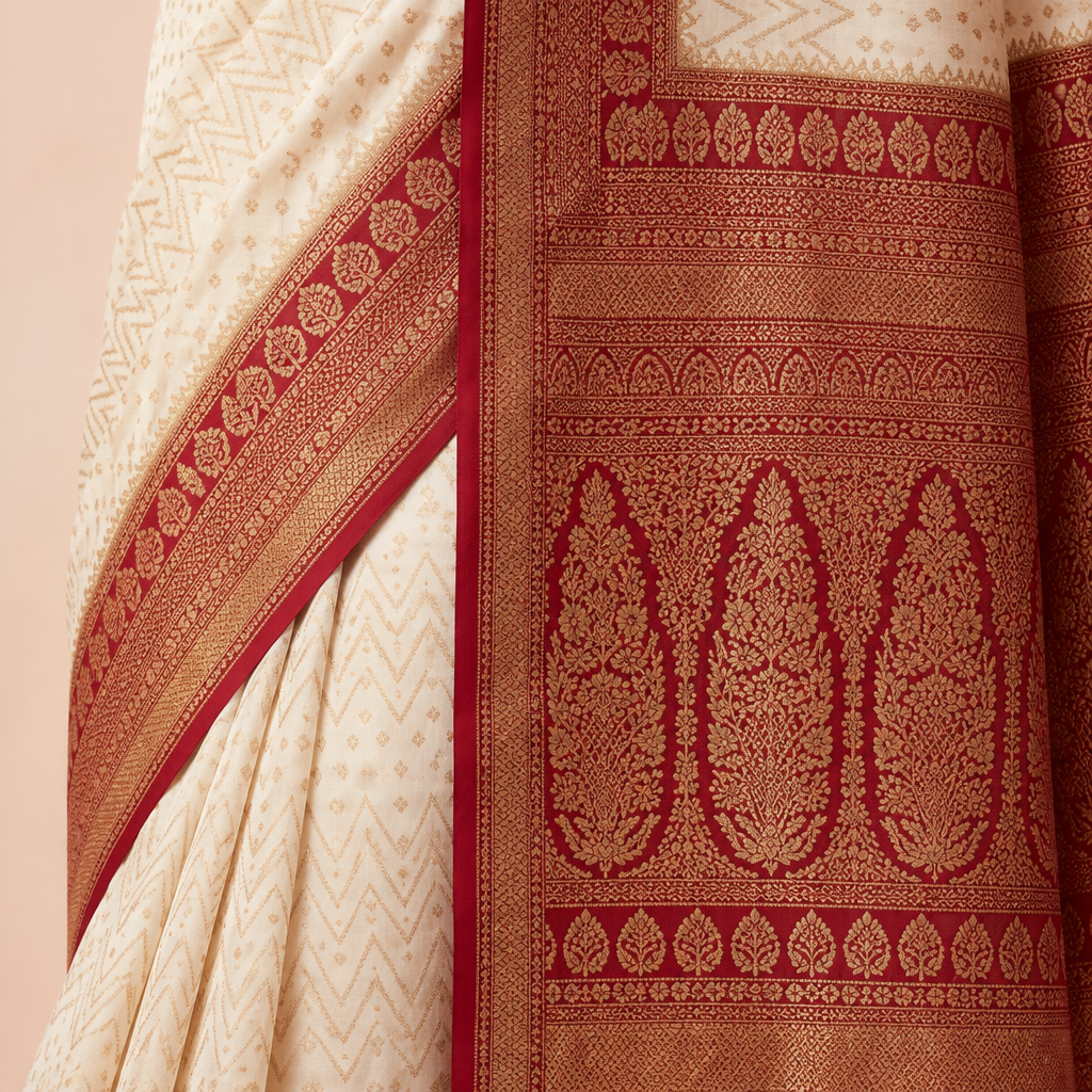 Close-up of the white saree's woven red zari border and red patterned pallu with gold motifs