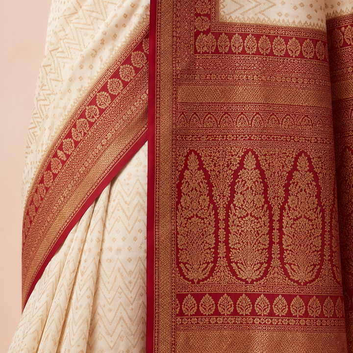 Close-up of the white saree's woven red zari border and red patterned pallu with gold motifs