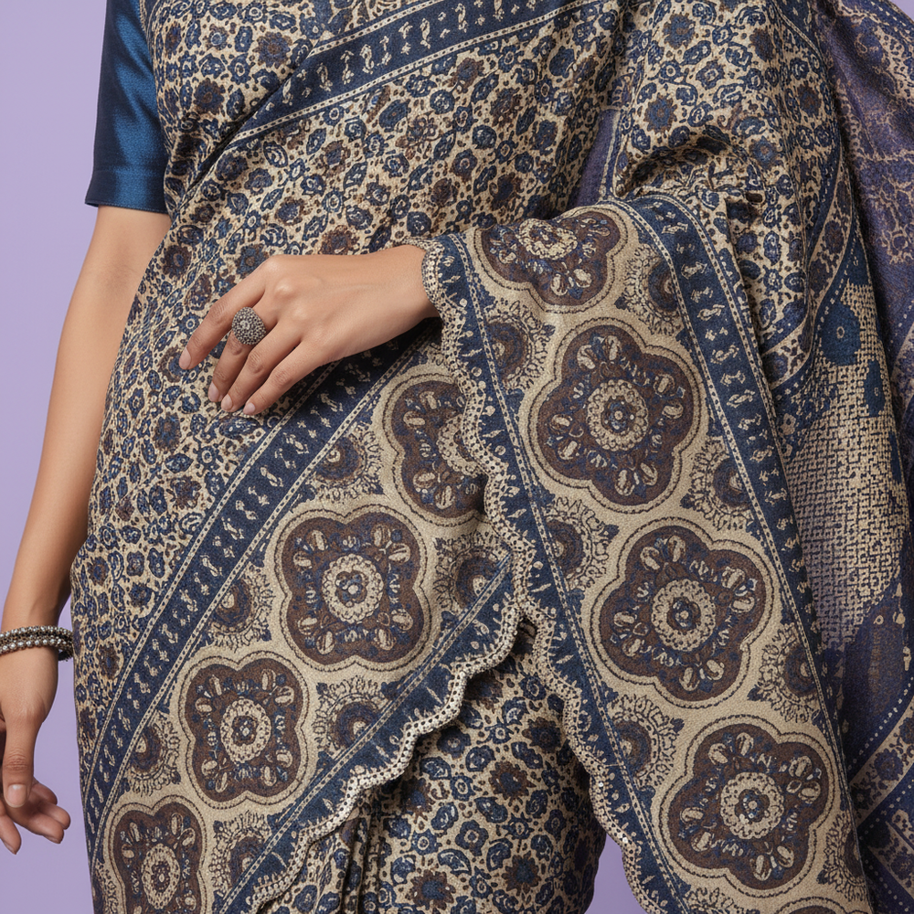 Close-up of the beige-cream pure satin crepe silk saree showing dense dark printed motifs and ornate floral detailing