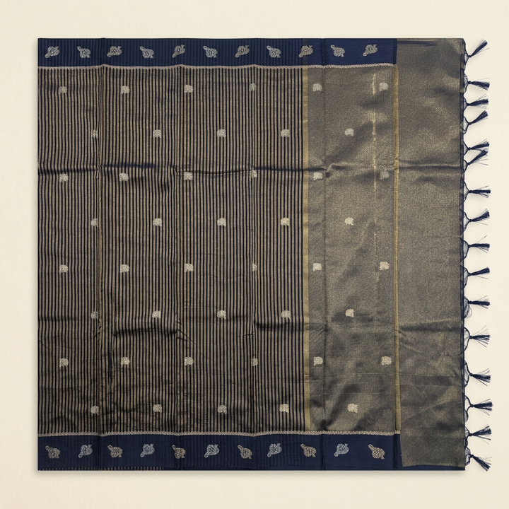 Upright view of navy-blue tissue Paithani saree with fine metallic stripes and paisley borders