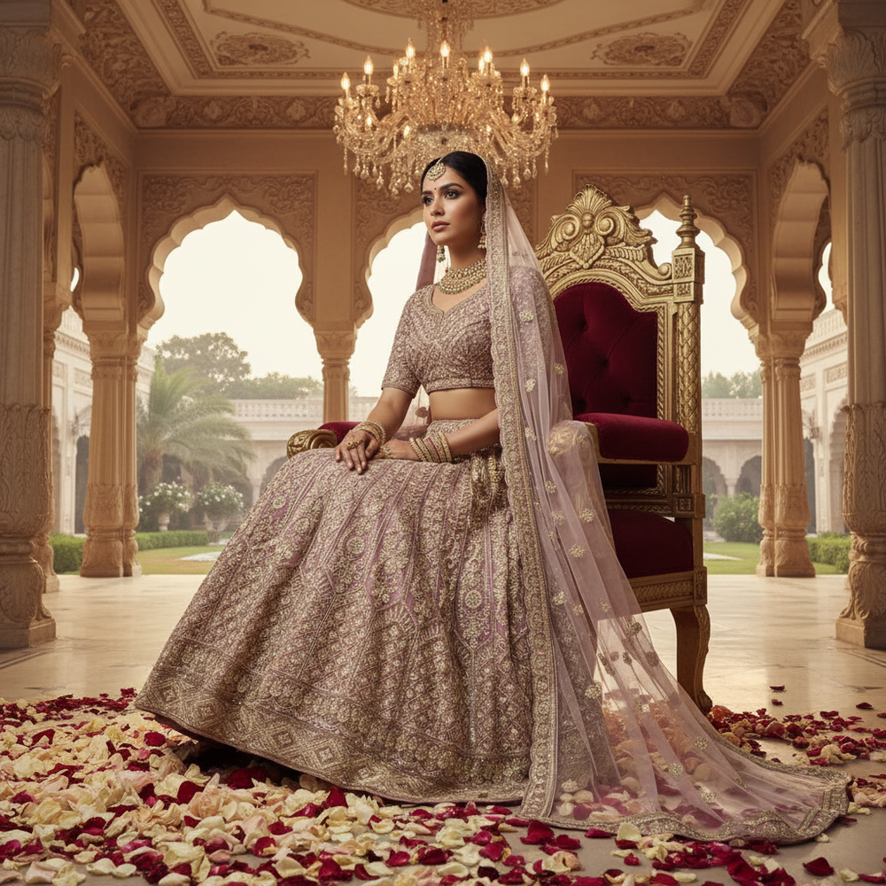 Dusty rose bridal lehenga - seated, palace throne