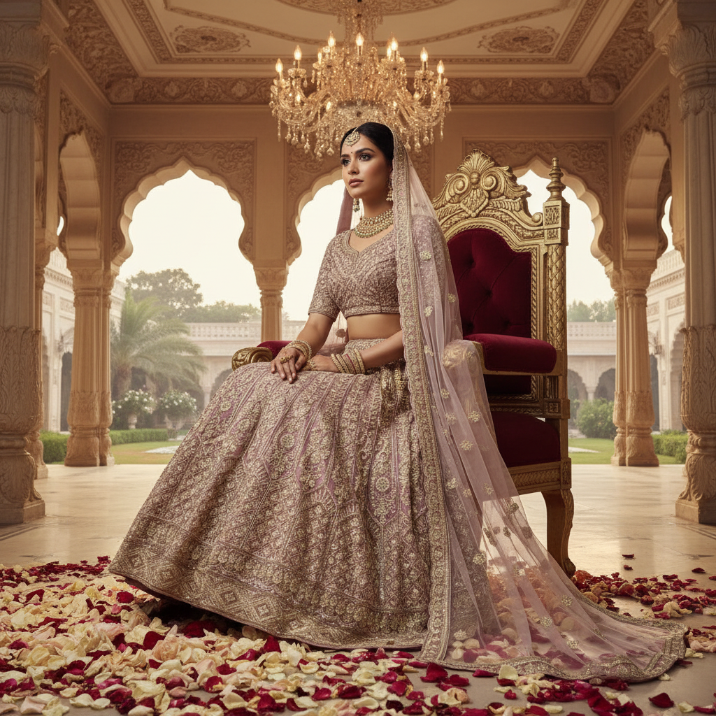 Dusty rose bridal lehenga - seated, palace throne