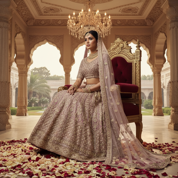 Dusty rose bridal lehenga - seated, palace throne