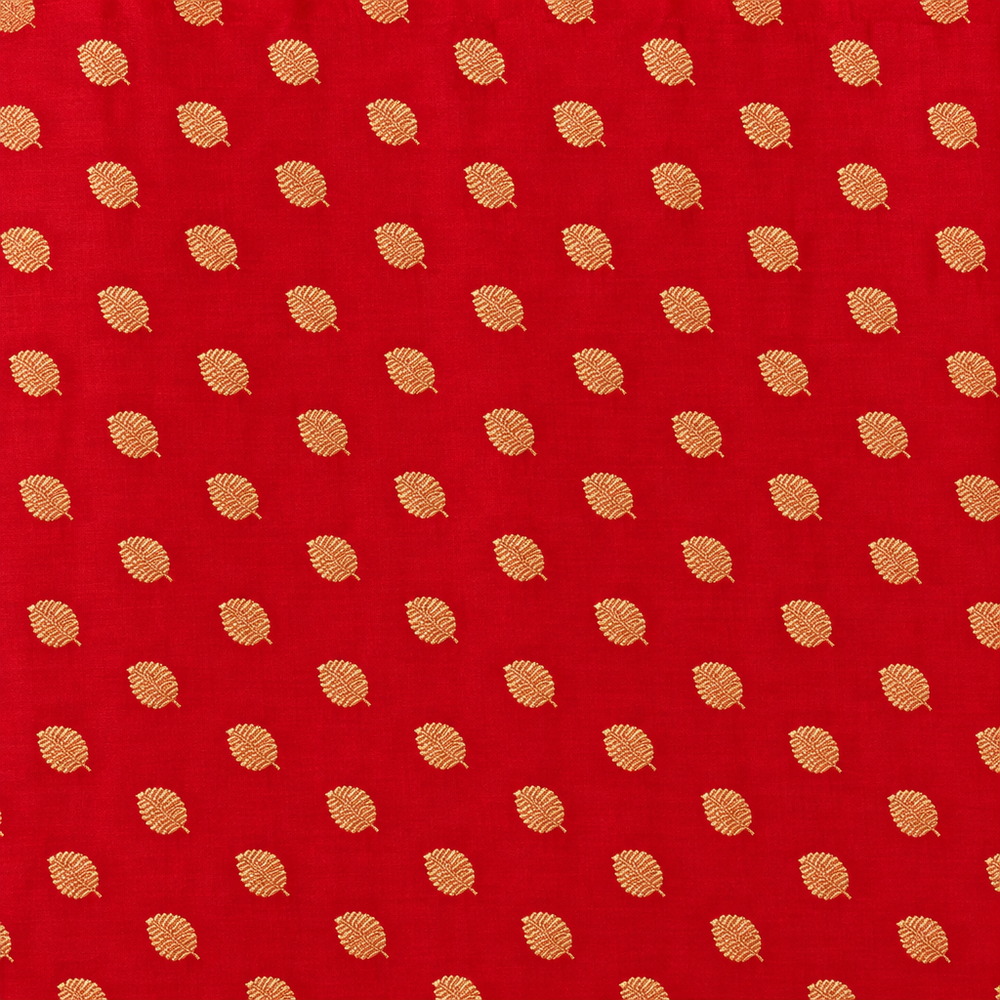 Close-up of the red Banarasi body with gold zari leaf bootas
