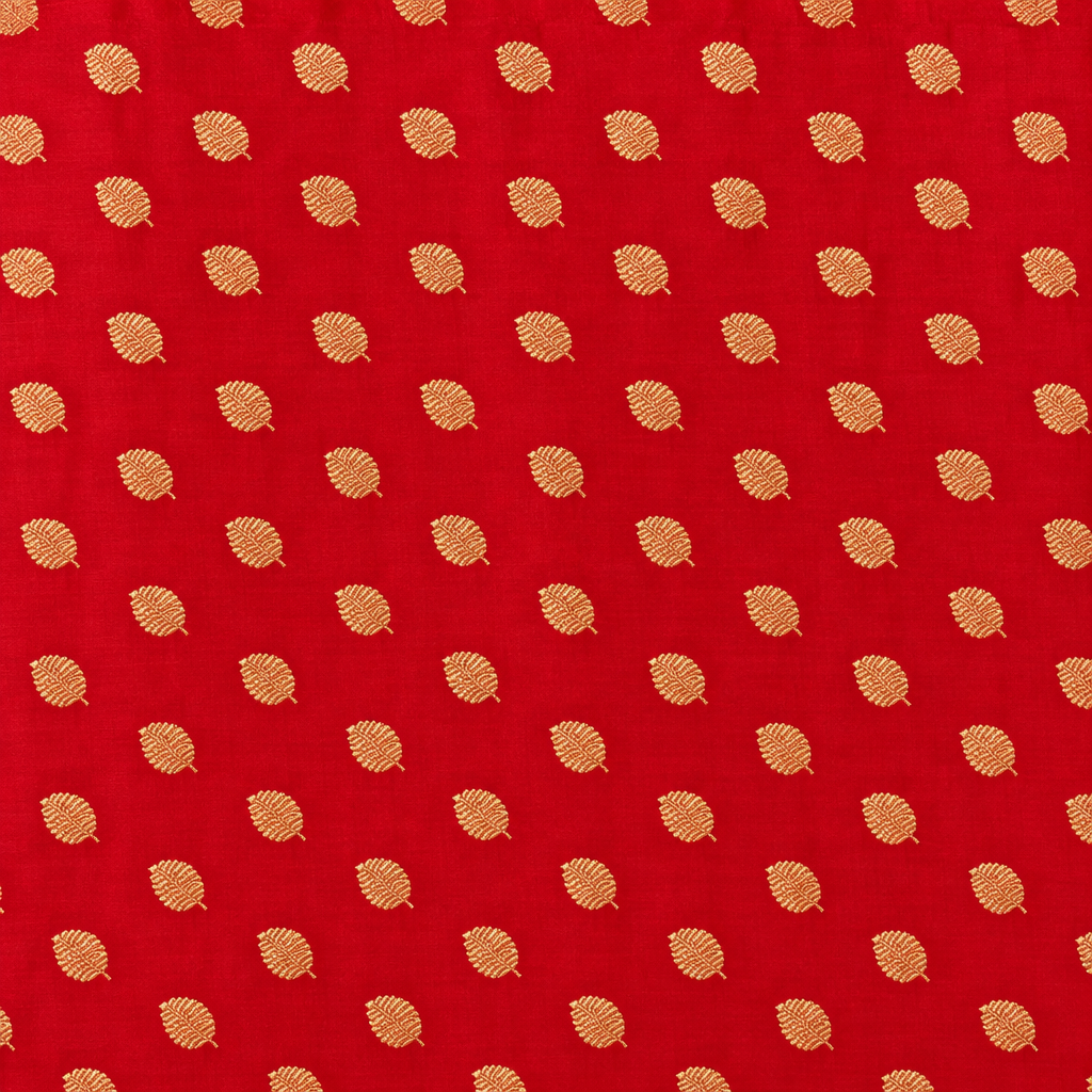 Close-up of the red Banarasi body with gold zari leaf bootas