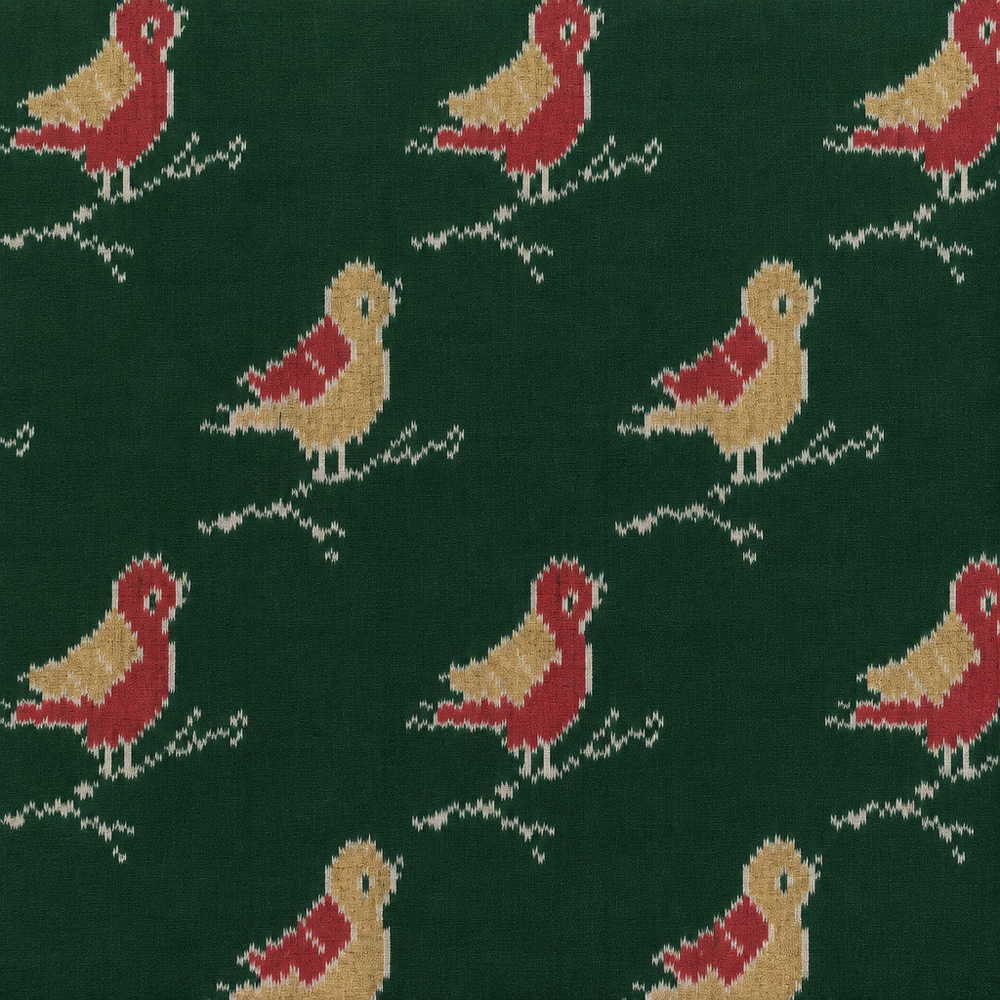 Close-up of red and beige ikat bird motifs on dark green Pochampally silk saree