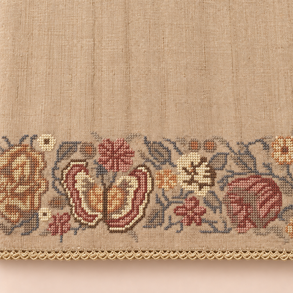 Close-up of the beige saree's butterfly and floral border with cream trim