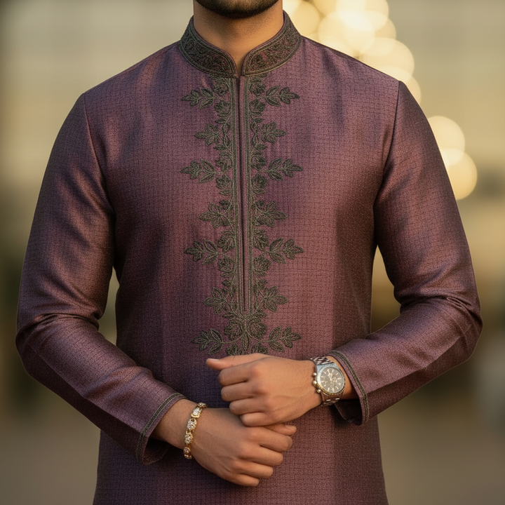 Purple Mauve Kurta Pyjama - Close Up Embroidery Detail