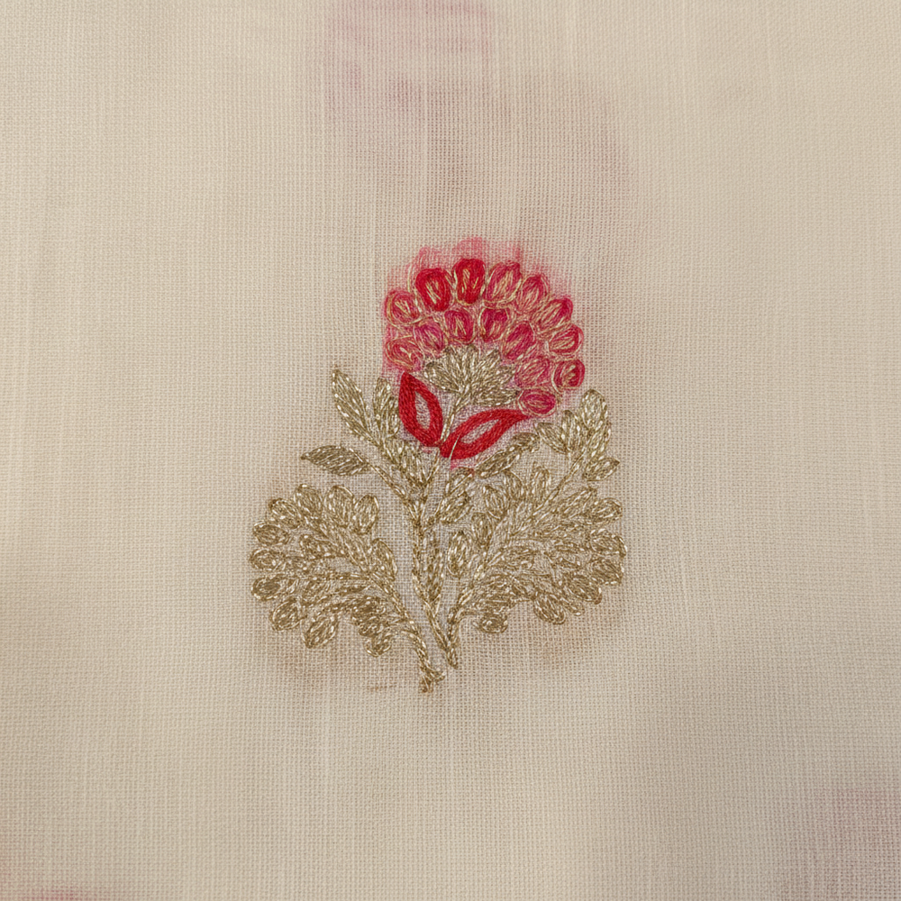 Close-up of pink red and gold floral motif woven on cream semi tussar silk