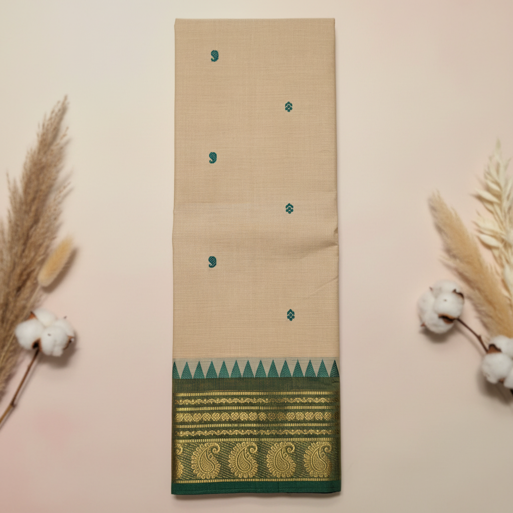 Cream Buti Cotton Saree with Temple Border & Gold Zari — styled on pastel background with dried floral props