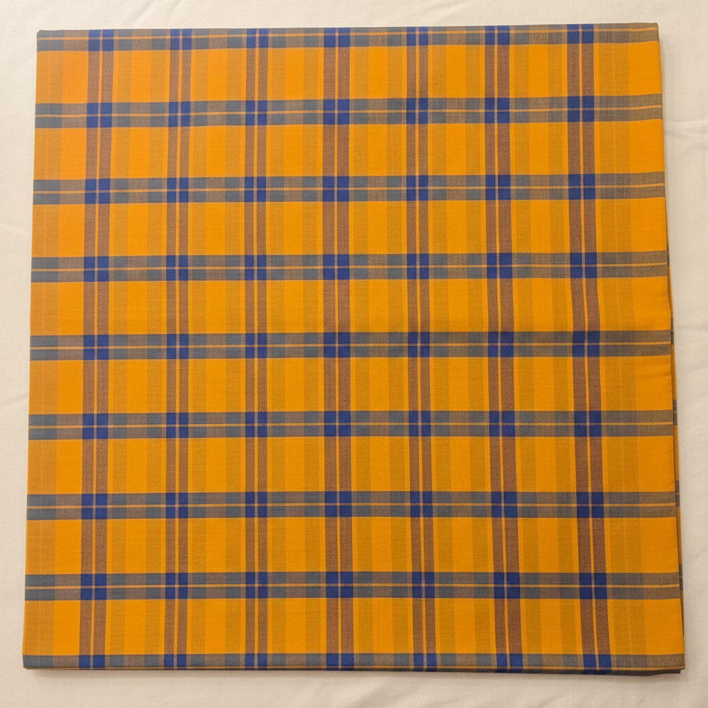 Close-up of the mustard-yellow cotton saree showing its navy-blue, slate-blue, and warm brown checked grid