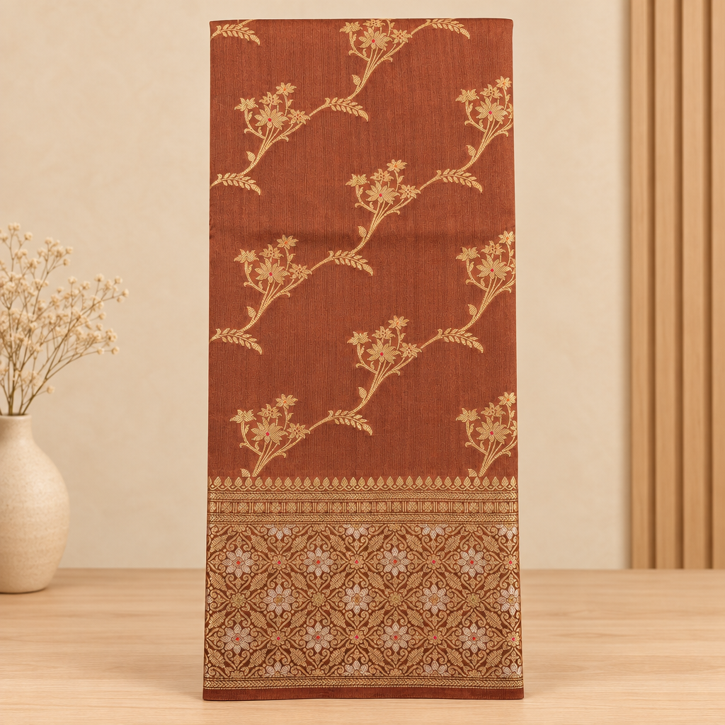 Brown Tussar silk saree with gold floral motifs and ornate border