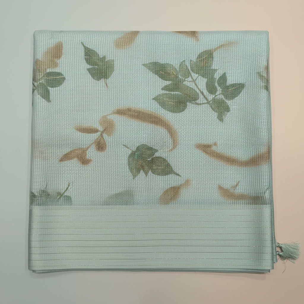Close-up of the pastel blue Kota cotton saree leafy weave