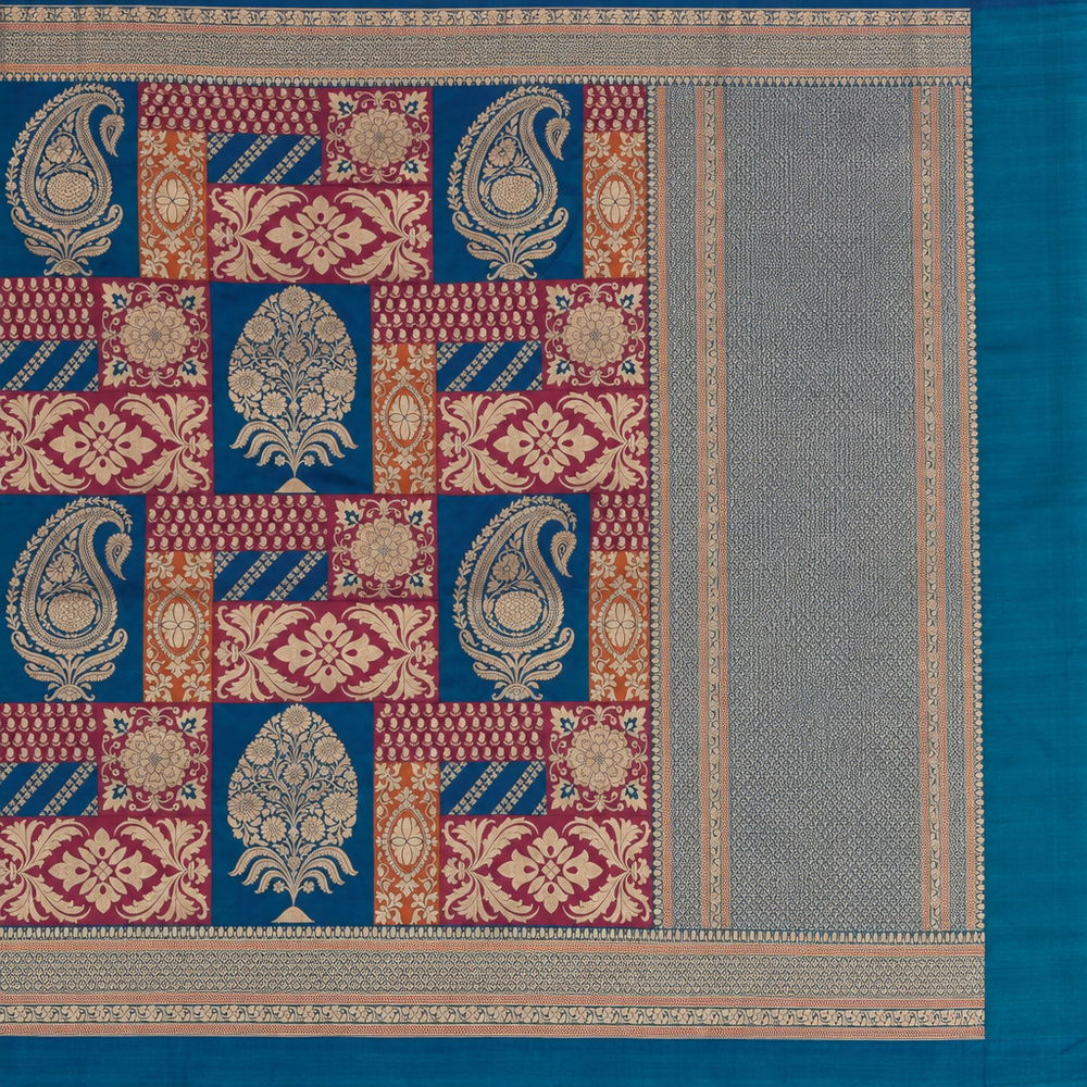 Turquoise saree patchwork-inspired paisley and floral panel detail