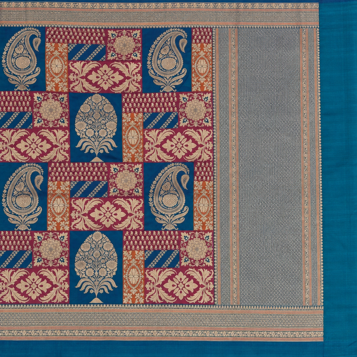 Turquoise saree patchwork-inspired paisley and floral panel detail