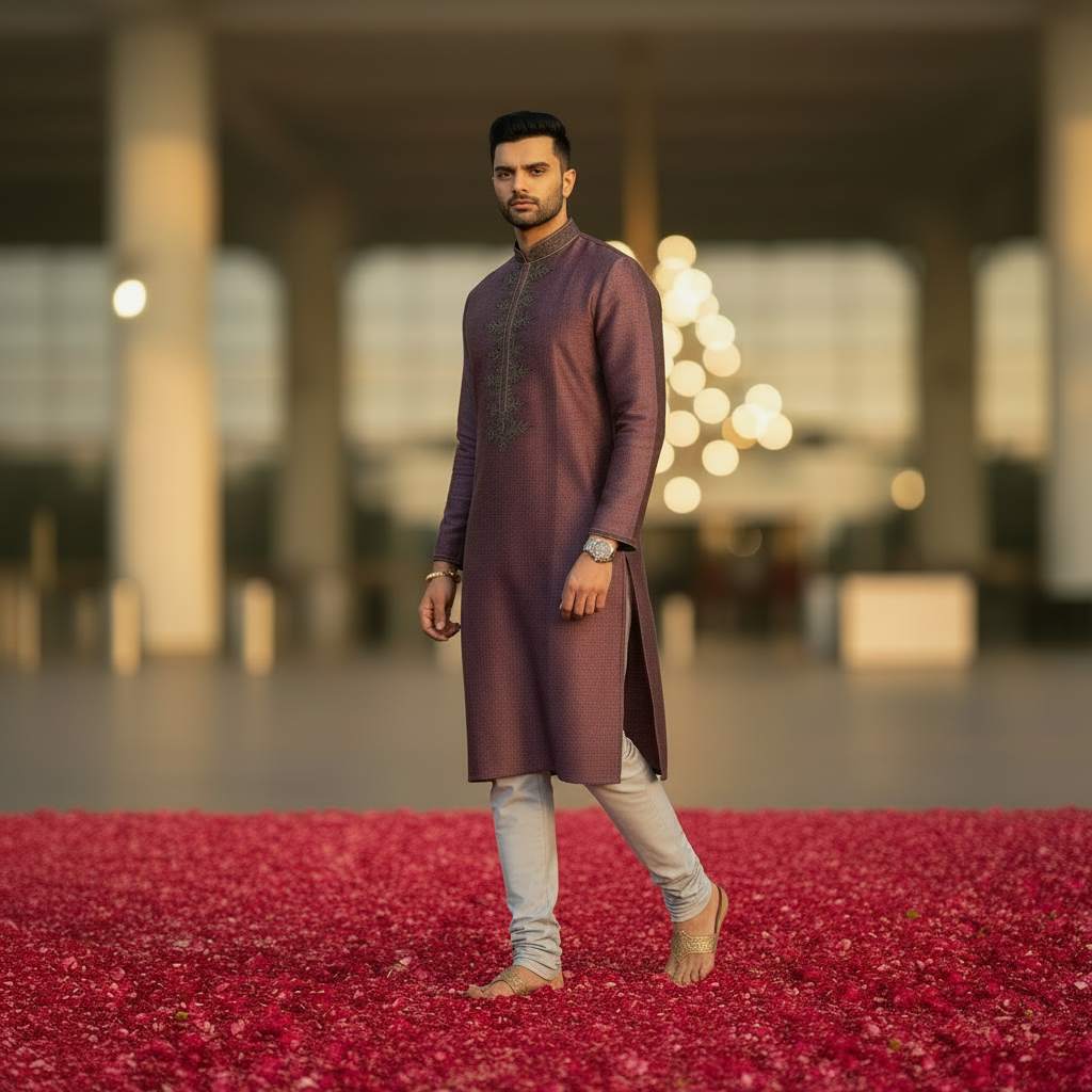 Purple Mauve Kurta Pyjama - Full Standing Shot on Rose Petals