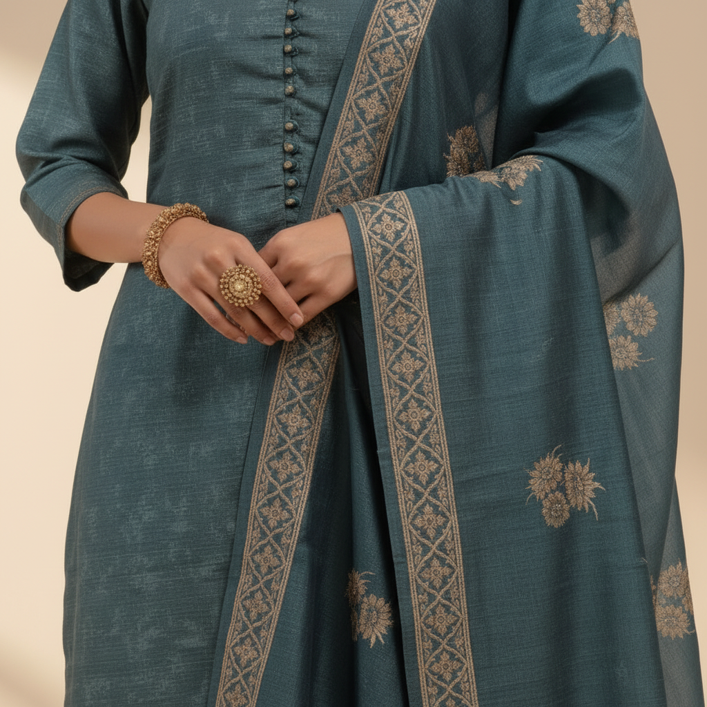 Close-up of teal blue dupatta with golden floral embroidery borders