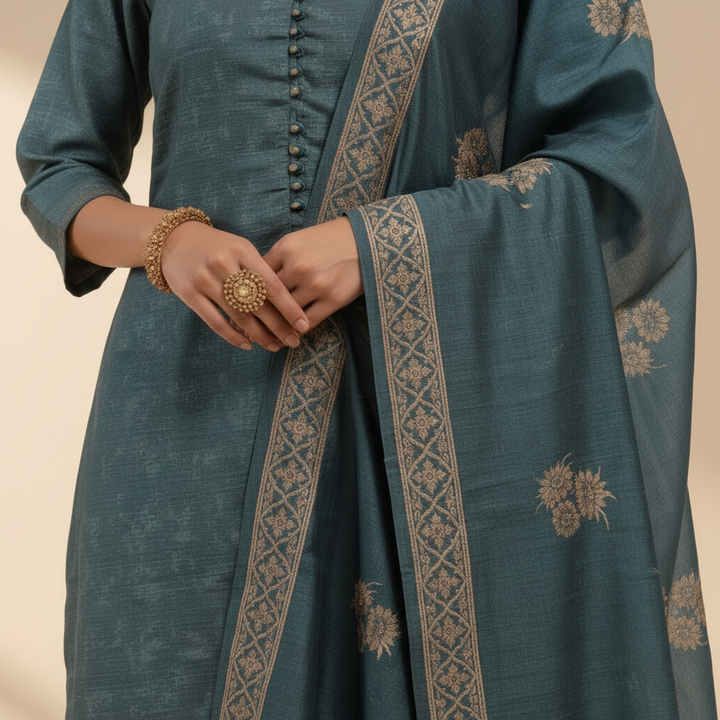 Close-up of teal blue dupatta with golden floral embroidery borders
