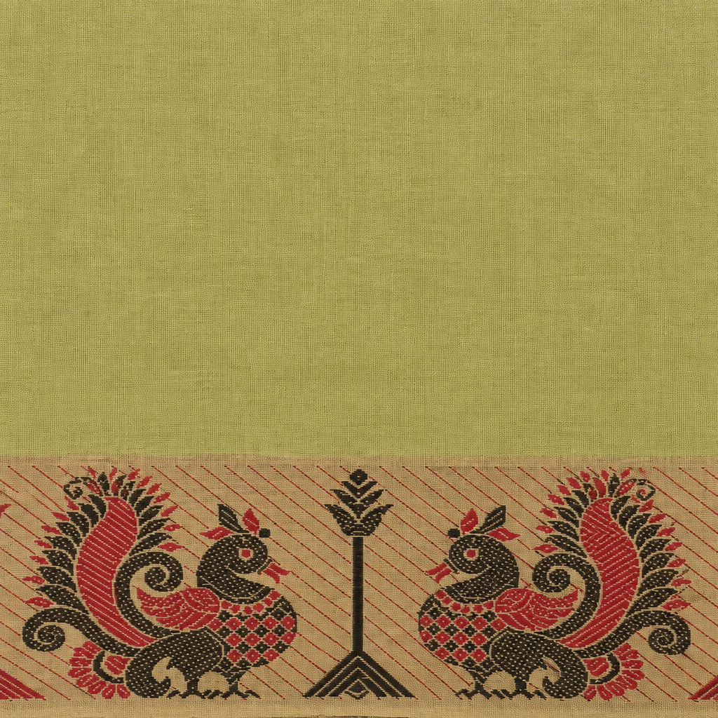 Close-up of pista green cotton saree body and border edge