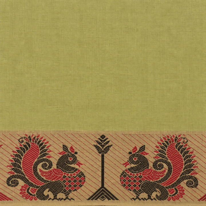 Close-up of pista green cotton saree body and border edge
