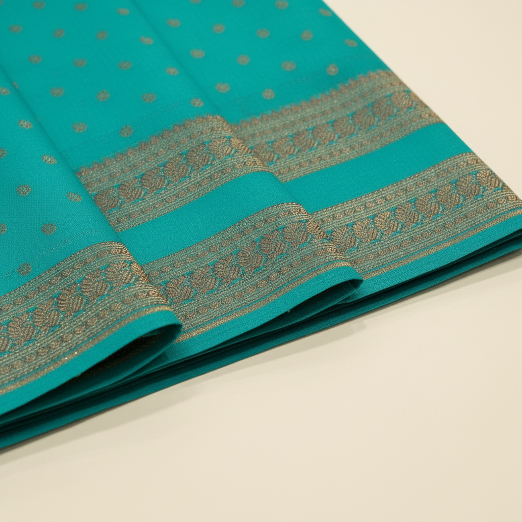 Close-up of body-to-border transition on teal zari saree