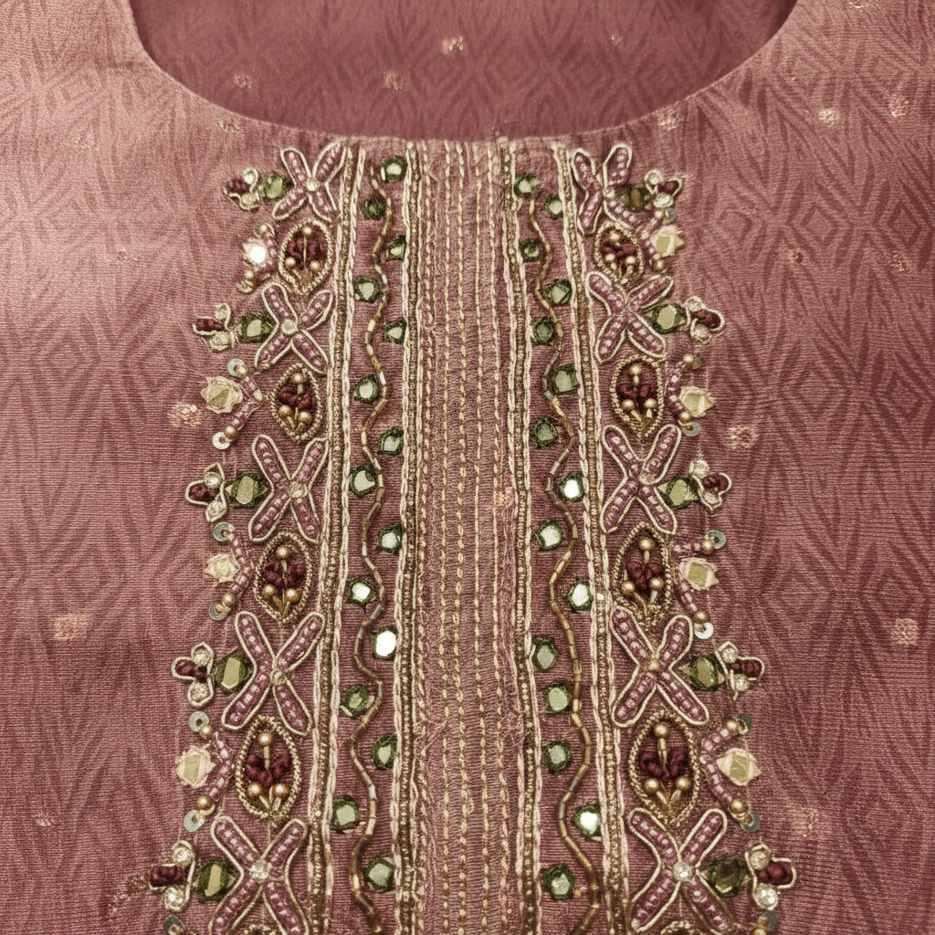 Close-up of ornate neckline with golden threadwork, beadwork, pearls, and sequins