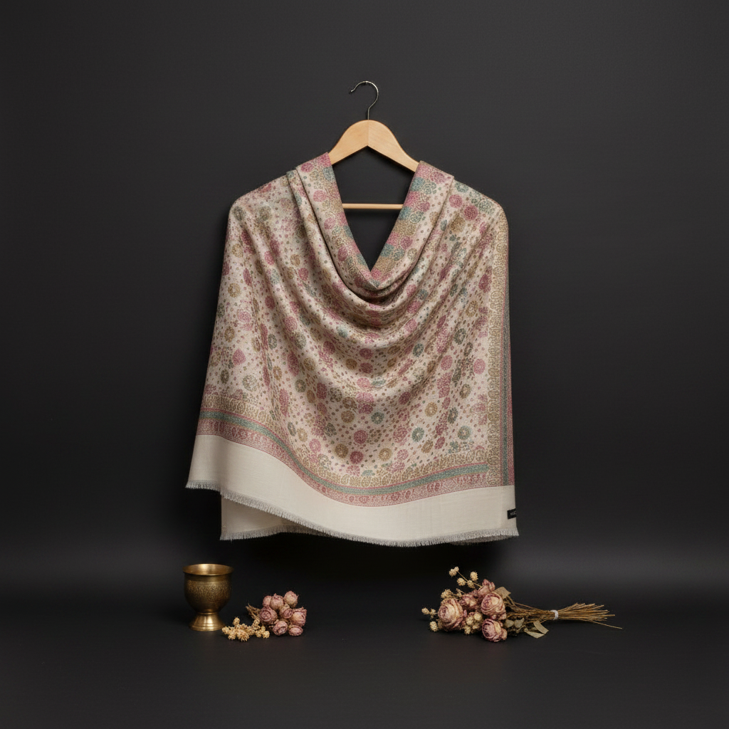 Ivory Pashmina Blend Shawl - Front Angle Dark Background