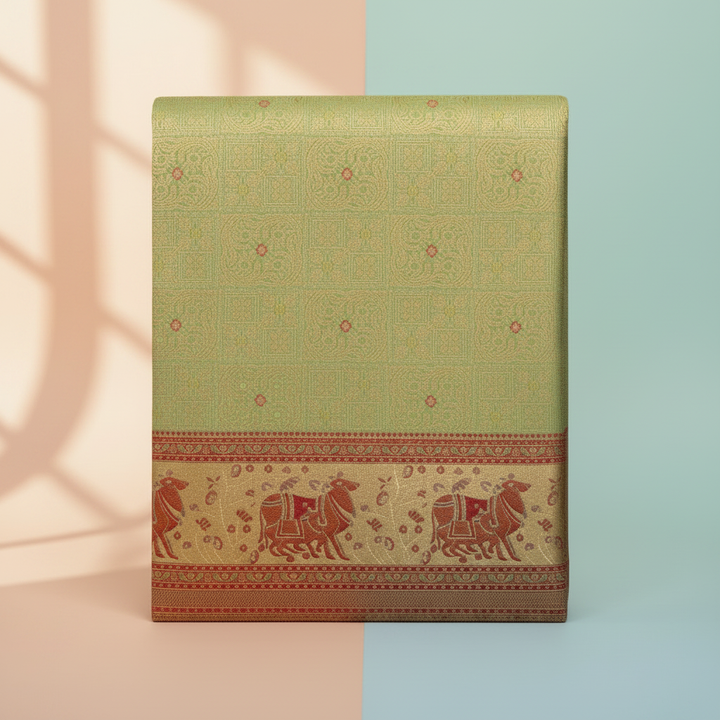 Close-up of red-gold elephant brocade border on green semi-silk saree