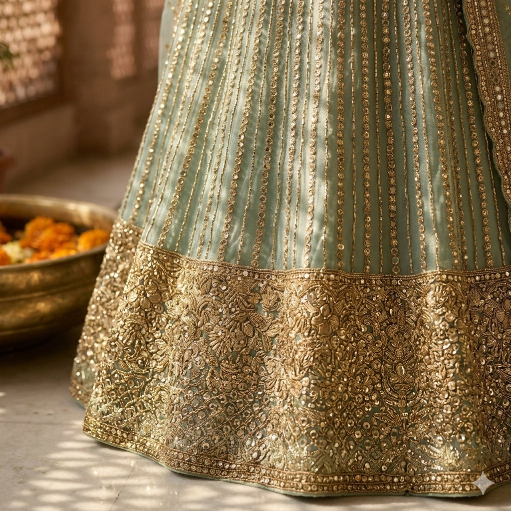 Kuberan Mint Teal Semi-Stitched Bridal Lehenga