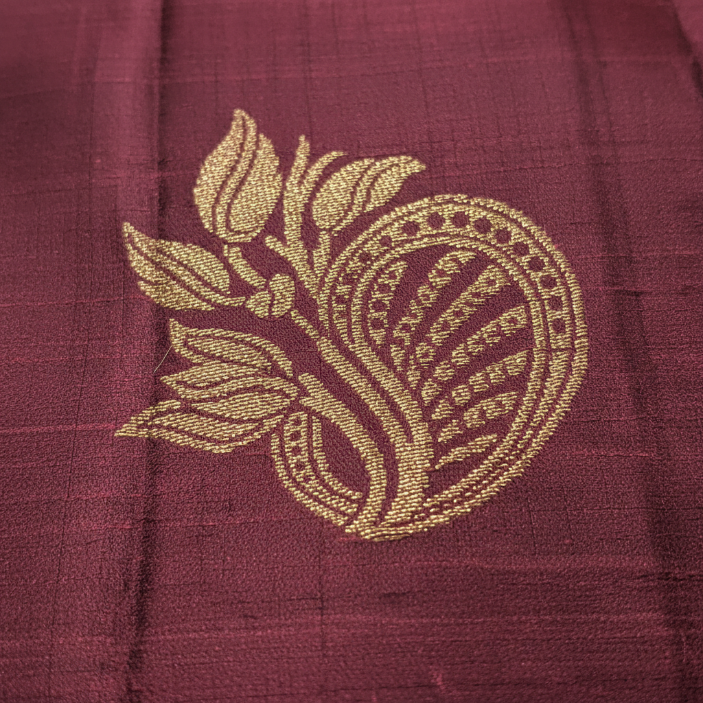 Body Close-up — Wine Silk with Gold Zari Peacock Motif