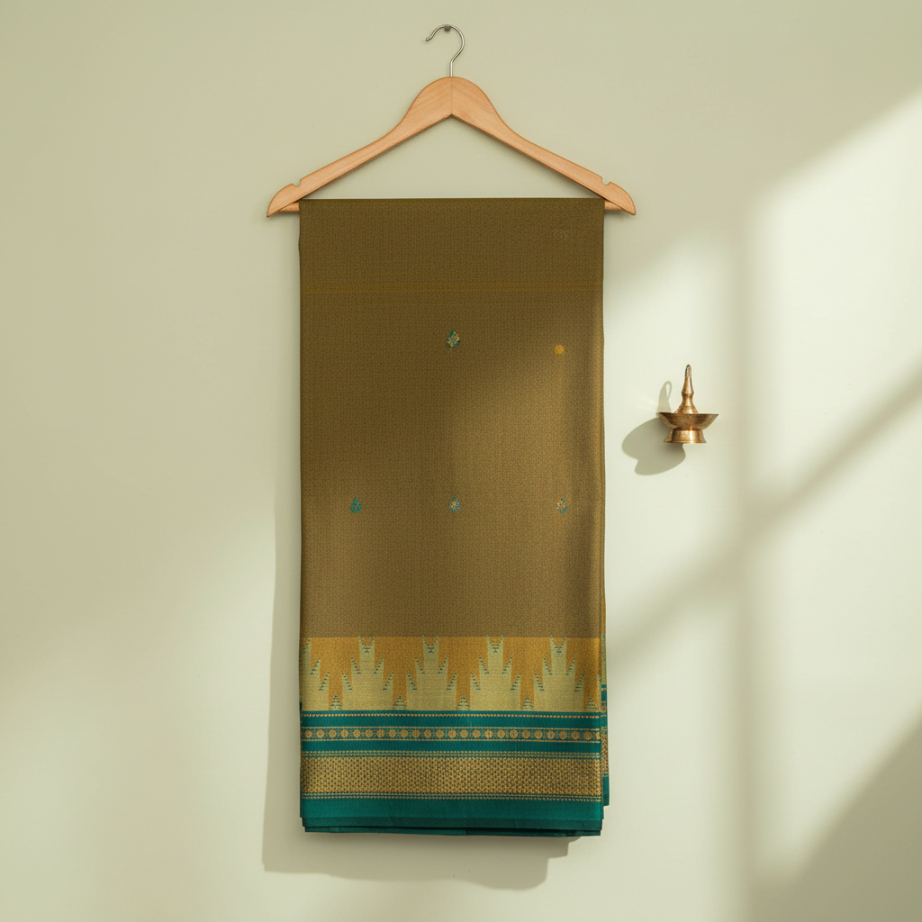 Mehendi-green and muted mustard cotton saree with a layered teal-gold border and deep teal edge hanging on a wooden hanger against a pastel background with a brass diya