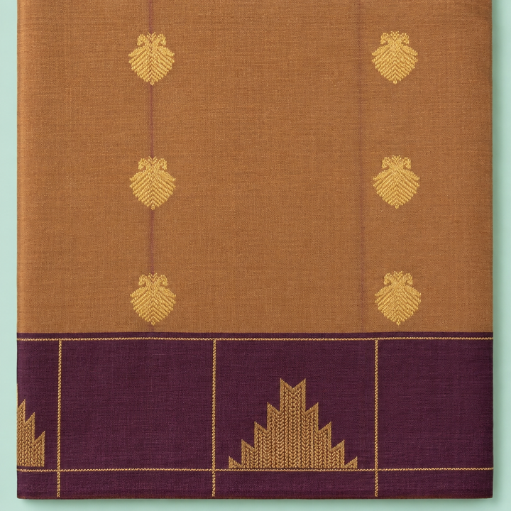 Close-up of brown and burgundy semi-silk saree with gold zari motifs and brocade border