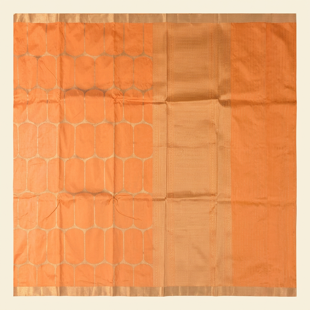 Full straight view of peach Banarasi silk saree with rounded lattice checks and gold-toned pallu
