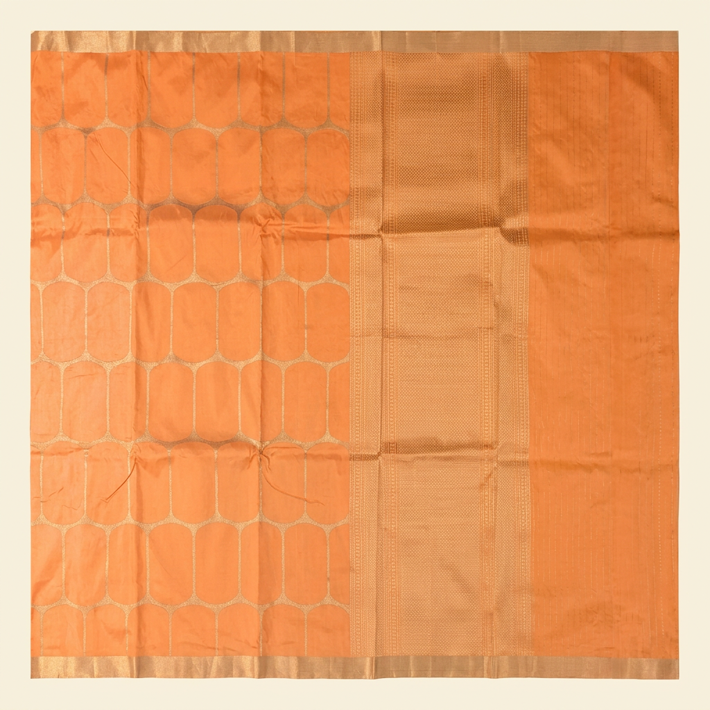 Full straight view of peach Banarasi silk saree with rounded lattice checks and gold-toned pallu