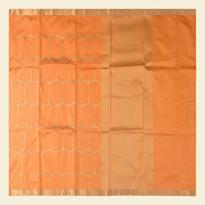Full straight view of peach Banarasi silk saree with rounded lattice checks and gold-toned pallu