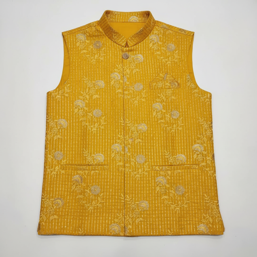 Close-up detail of yellow embroidered fabric with pin-tuck detailing