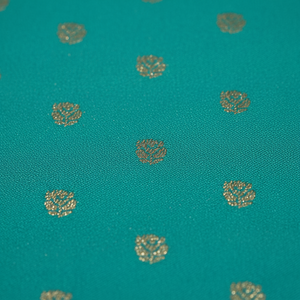 Close-up of golden zari buti motifs on teal saree body