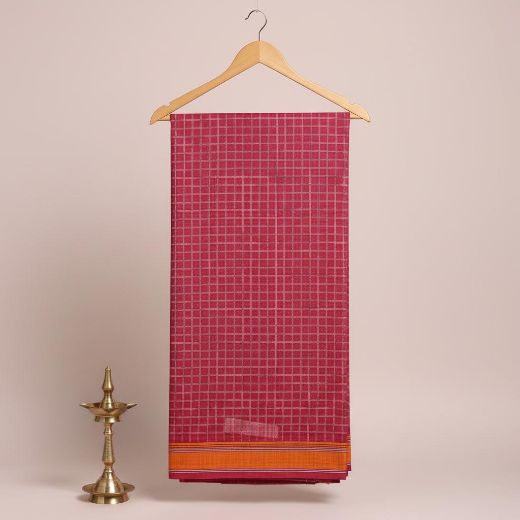 Raspberry and magenta checked cotton saree with a vivid orange striped border hanging on a wooden hanger against a pastel background with a brass diya