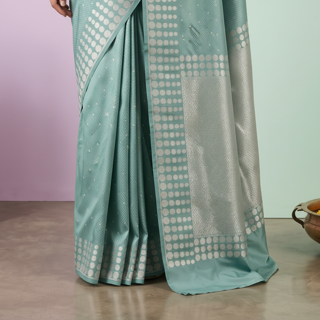 Close-up of the sea blue Banarasi silk saree silver geometric border and woven pallu