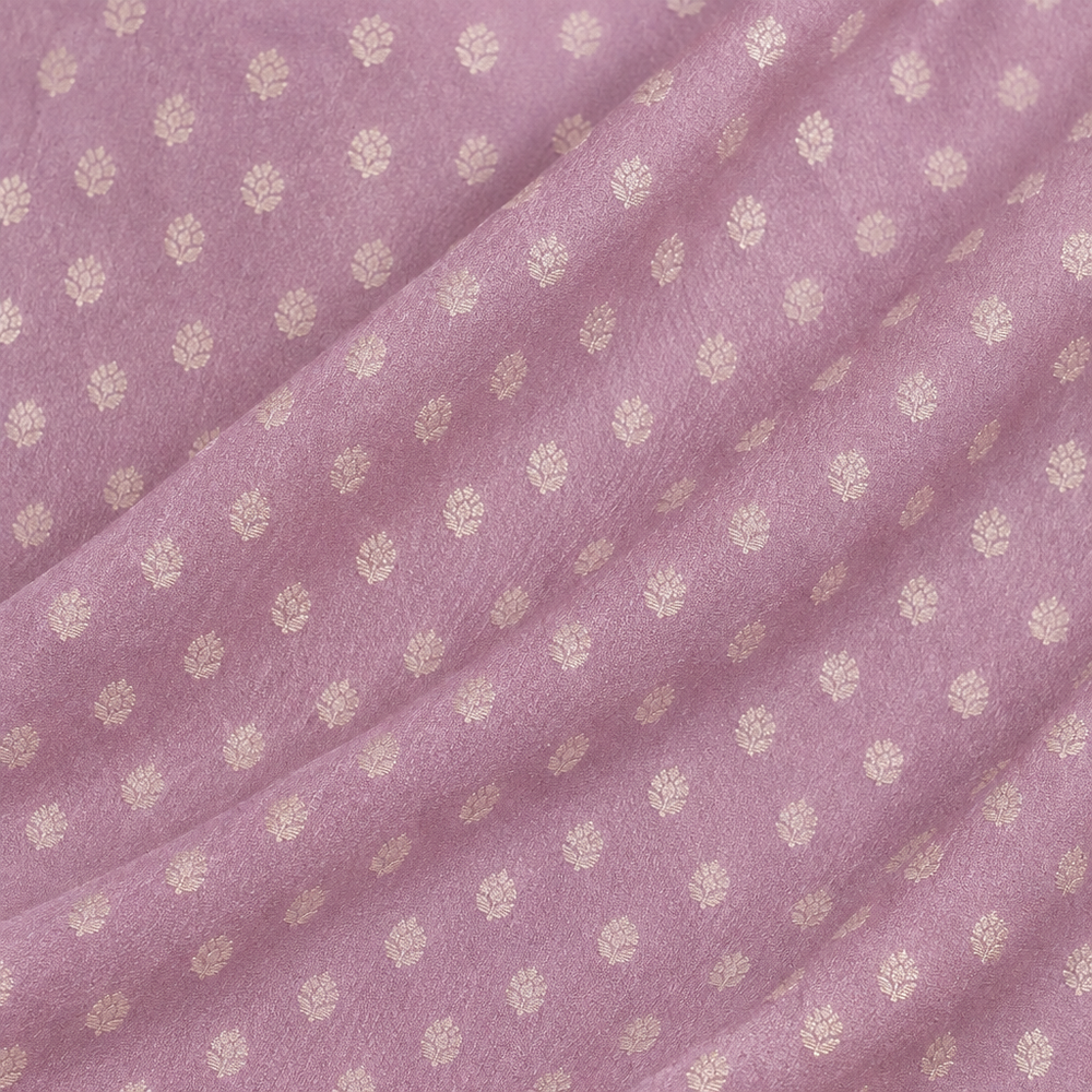 Close-up of the lavender Banaras georgette saree body with fine silver zari butti motifs