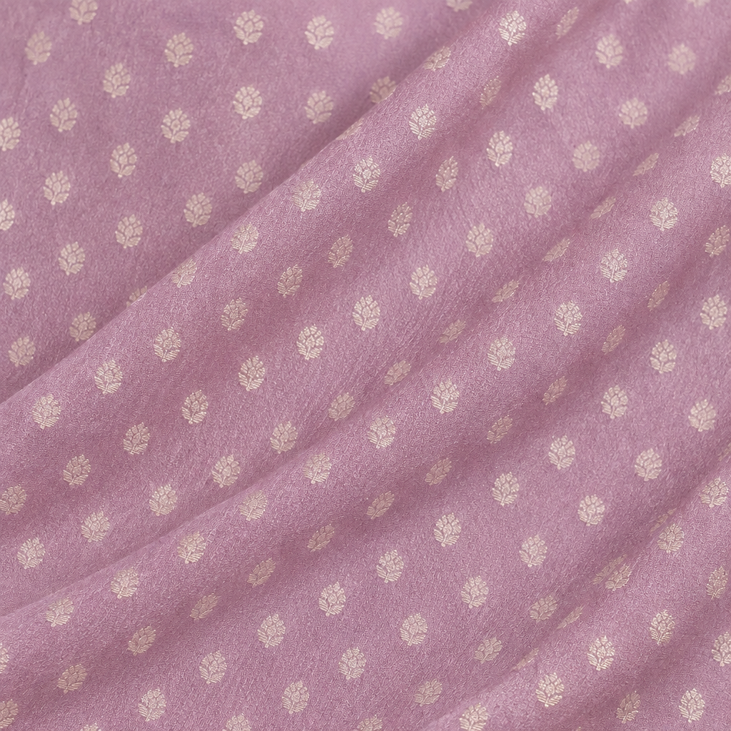 Close-up of the lavender Banaras georgette saree body with fine silver zari butti motifs