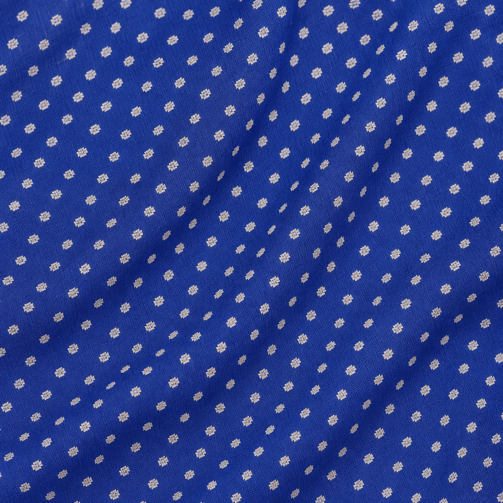 Close-up of the blue Banaras georgette saree body with fine white dotted butti motifs