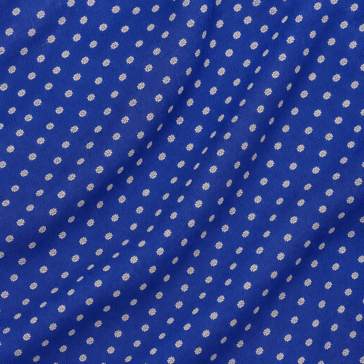 Close-up of the blue Banaras georgette saree body with fine white dotted butti motifs