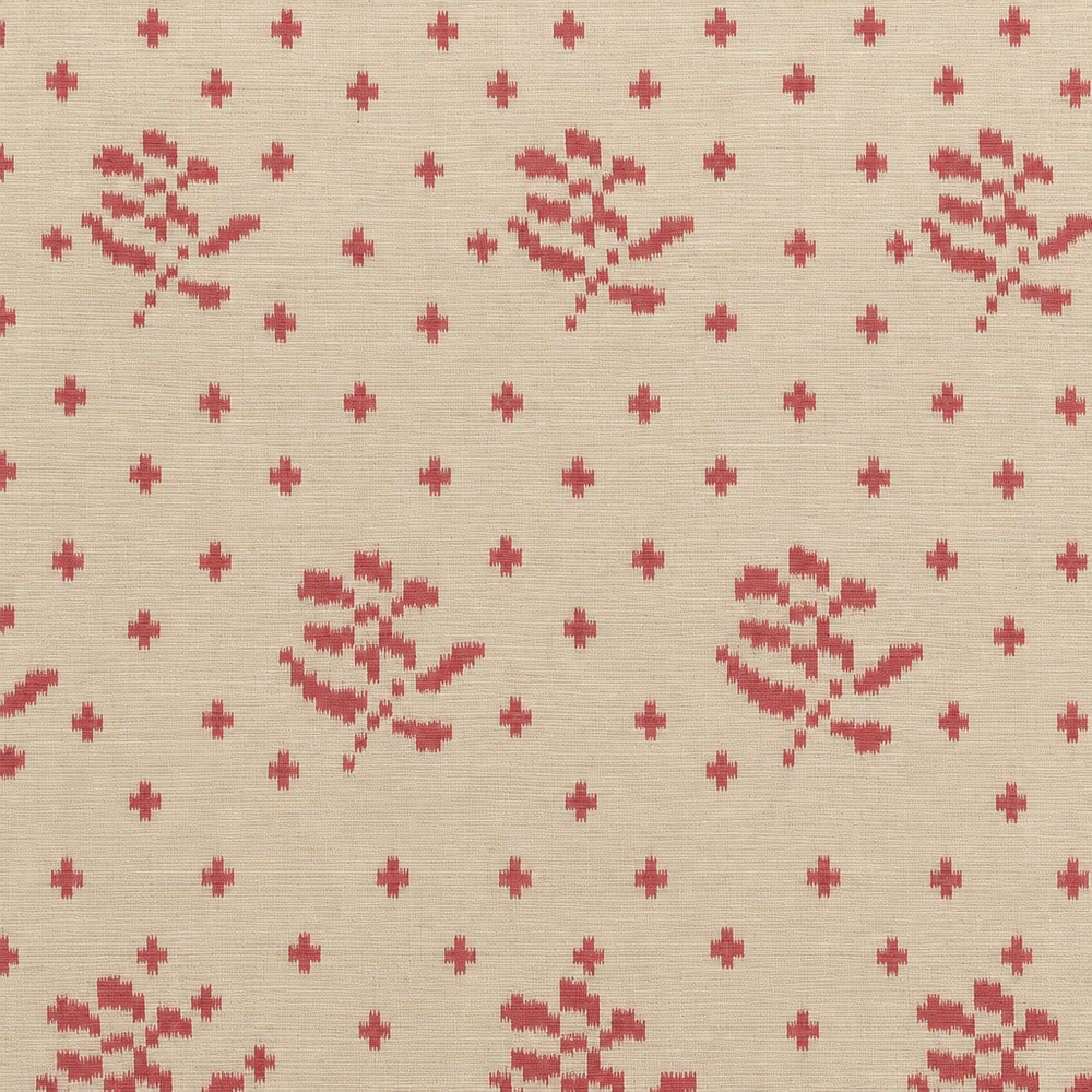 Close-up of red ikat floral sprigs and cross dots on ivory cream Pochampally silk saree