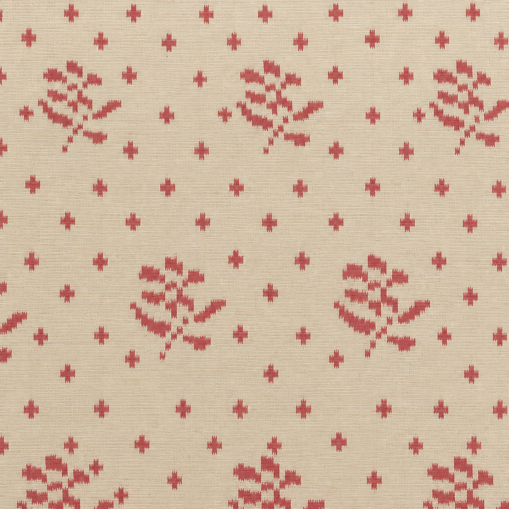 Close-up of red ikat floral sprigs and cross dots on ivory cream Pochampally silk saree