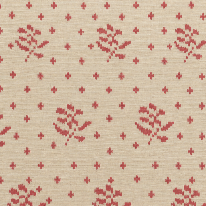 Close-up of red ikat floral sprigs and cross dots on ivory cream Pochampally silk saree