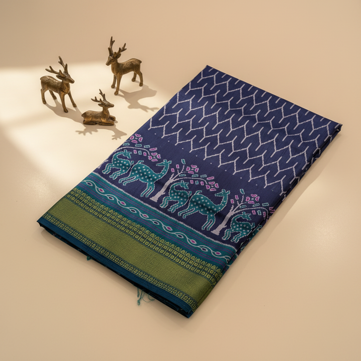 Navy Blue Ikat Silk Saree – Styled with pastel background, antique deer props and natural window light