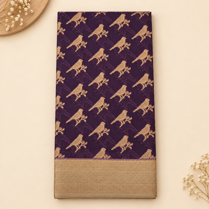 Upright purple Tussar silk saree with gold bird motifs