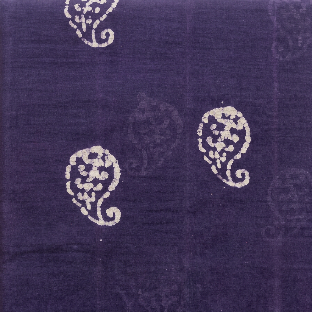 Cream paisley and tonal motifs on purple cotton dance saree, body close-up